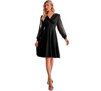 Hanaoops Robe Femme Col en V Manches Longues Robes de Cocktail Ourlet Évasée Jupe Plissée Sexy Rétro Midi Festive Robe Longueur Genou Robes de Soirée Trapèze pour Fête Mariage Anniversaire