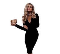 Hanaoops Robe Femme de Cocktail Elégante Sexy Col en V Genou de soirée Manches Longues Moulante Classique pour fête ou Clubbing Noir S