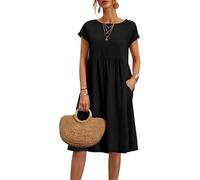 Hanaoops Robe Femme Ete Décontracté Manches Courtes Midi Chic Taille Haute A-Ligne Mi Longue Elegant Portefeuille de Soiree Casual avec Poches