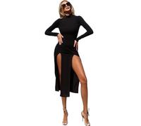 Hanaoops Robe Femme Manches Longues Bodycon Robes Sexy Longue Slit Slim Fit Robes Col Roulé Midi Robe Elasticité Taille Haute Soirée Cocktail Jupe Danse Bal Clubwear Casual Robes