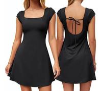 Hanaoops Robe Femme Sexy d'été Mini Robes Manches Courtes Col en Carrée Jupe Y2K Dos Nu Bodycon Robe pour Cocktail Soirée Fête Clubbing Party