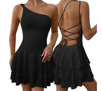 Hanaoops Robe Femme Sexy Mini Robe Une Épaule sans Manches Robes Moulante Chic Bodycon Dos Nu Robes Courte Elegant D'été Volants pour Soirée Clubbing Cocktail Fête