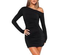 Hanaoops Robe Femme Sexy Moulante à Manches Longues Wrap Mini Robes Courte Bodycon Slim Fit Robe Chic et Elegant Dos Nu Une Épaule Plis Robes de Soirée Cocktail Fête