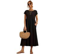Hanaoops Robe Maxi D'été pour Femme Décontracté Manches Courtes Robe De Plage Longue ChicTaille Haute A-Ligne Robes Elegant Portefeuille Robe de Soiree Casual avec Deux Poches