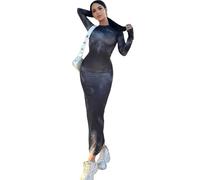 Hanaoops Robe Maxi Moulante à Manches Longues pour Femmes Robe Longue Bodycon Col Rond en Tie-Dye Froncé Sexy Slim Fit Maxi Dress pour Cocktail Party Clubbing Nuit