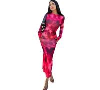 Hanaoops Robe Maxi Moulante à Manches Longues pour Femmes Robe Longue Bodycon Col Rond en Tie-Dye Froncé Sexy Slim Fit Maxi Dress pour Cocktail Party Clubbing Nuit