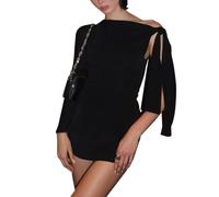 Hanaoops Robe Moulante à Manches Longues pour Femme Sexy Mini Robe à Épaule Dénudées Automne Noir Courte Robe Elegant Chic Bodycon Robe de Soirée Club Cocktail