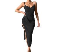 Hanaoops Robe Paillettes sans Manches pour Femme Sexy Bretelles Spaghetti Col en V Profond Robe de Cocktail Élégante Etincelante Fendue Midi Robes de Soirée Chic Bodycon Cami Robe pour Fête Club