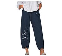 Hanaturu Palazzo Pantalon pour femme imprimé papillon en coton et lin avec jambes larges, pour l'été, le yoga, pantalon de jogging avec taille élastique, Bleu (01)., L