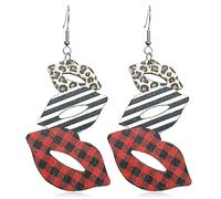 Hanavigar Boucles d'oreilles pendantes uniques en bois style bohème vintage des années 80, motif léopard, rouge, drôles, délicates, légères et bohèmes en bois naturel pour femmes, bijoux cadeaux, Bois