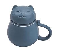 Hanbosym Tasse à thé en céramique, avec passoire à thé et couvercle, motif chat mignon, filtre pour faire tremper les feuilles en vrac, cadeau pour les vacances, anniversaire, maison chaude (bleu)