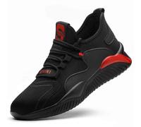HANCHE Breathale Work Safety Shoes, Steel Toe Shoes for Men and Women, Anti-Smash and Anti-Puncture Labour Insurance Shoes, Lightweight Adventure Protection Sneakers(Black-Red,EU 38)