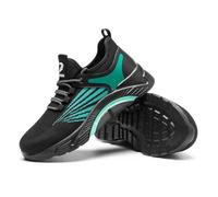 HANCHE Work Safety Shoes for Men, Breathable Mesh Labor Insurance Shoes, Anti Smashing and Anti Piercing Steel Toe Shoes, Fashionable Outdoor Adventure Sneakers(Black-Green,37 EU)