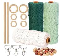 HanCheng 60m x 3mm Corde Macrame Couleur 3 Pièces,Kit Macramé Coloré avec 40 Perles en Bois,6 Cercle Bois,2 Baguettes en Bois,3 Porte Clé(Beige,Vert Foncé,Vert Haricot)