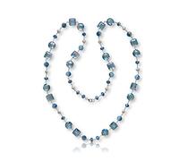 Hand Beaded Wire Wrapped Multi-Shape Crystal & Cultured Fresh Water Pearl Long or Multi-Strand Necklace in Blue Iridescent Crystal, about 39" Inches Long