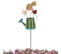 Hand-Painted Garden Stake, Bunny Watering Can Decor, 3.15x12.99 inches Bed Accent with Multi-Color Finish, Wrought Iron Construction, with Ladybug Flowers, Patio Ornament for Gardener