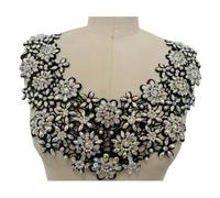 Hand-Sewn Rhinestone Applique Sequin Water Soluble Hollow Lace Round Neck Decoration Bridal Evening Dress Trimming Accessories(Black)