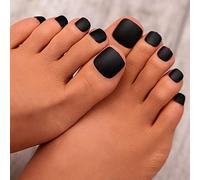 Handcess Carré mat faux ongles d'orteil court noir faux pieds ongles couverture complète bâton artificiel sur pied ongles conseils pour femmes et filles (24 pièces)