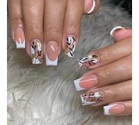 Handcess Faux Ongles Carrés Brillants Blancs Courts en Acrylique Pailletés et Feuilles - Ongles Autocollants 24Pcs pour Femmes et Filles