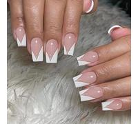 Handcess Faux ongles français Coffin Faux ongles courts et brillants Ballerina Faux ongles artistiques en acrylique blanc Ongles autocollants 24Pcs pour femmes et filles