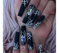 Handcess Lot de 24 faux ongles longs noirs à presser en acrylique mat pour femmes et filles