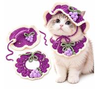 Handcrafted Crochet Pet Hat & Collar Set Viral Cute Photos Knitted Costume | Handmade Kitten Ties Small Pets Scarf 2 Piece Matching Wear for Parties Seasonal Dress Up Birthday Holiday(Purple,Small)