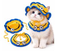 Handcrafted Crochet Pet Hat & Collar Set Viral Cute Photos Knitted Costume | Handmade Kitten Ties Small Pets Scarf 2 Piece Matching Wear for Parties Seasonal Dress Up Birthday Holiday(Blue,Small)