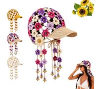 Handcrafted Floral Crochet Baseball Cap, Breathable Boho Floral Hat | Knitted Sunflower Hollow-Out Baseball Cap, Lightweight Open-Knit Floral Cap with Decorative Tassels for Beach Travel Outdoor