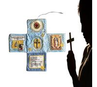 Handcrafted Pocket Devotional - Faith Edition, Catholic Travel Prayer Kit with Cross, Saint Images & Spanish Prayers, Handmade Embroidered Pockets Shrine Quilt (Blue)