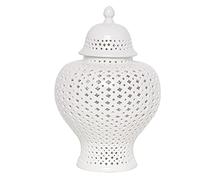 Handcrafted White Ceramic Ginger Jar with Carved Lattice Design Hollow Out Temple Jar Vase for Home Decor 38cm Tall