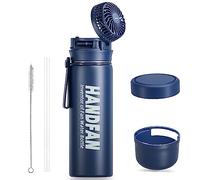 HandFan Bouteille d'eau isotherme de 710 ml avec ventilateur, bouteille d'eau de sport en acier inoxydable avec paille/poignée,tasse isotherme de voyage à large goulot pour course à pied, gym, vélo