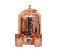 Handicraft Handloom Distributeur d'eau indien fait main en cuivre pur martelé à la main 4 litres Ayurveda Guérison Réservoir de stockage d'eau en cuivre Bouteille Tasse Pichet avec 2 verres martelés
