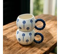 Handmade Ceramic Mugs with Embossed Evil Eye Symbol Set of 2