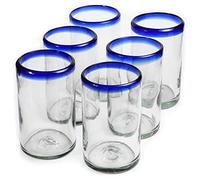 HANDMADE CON AMOR - Verres mexicains soufflés à la main - Lot de 6 gobelets, 384,5 ml chacun, bord bleu cobalt