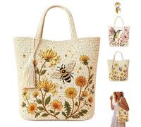 Handmade Crochet Bee Embroidered Tote Bag,Vintage Floral Shoulder Bag | Cute Embroidery Print,Boho Quilted Beach Purse Handbag with Tassel,for Summer Shopping Beach Travel