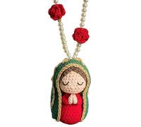 Handmade Crochet Virgin Mary Car Hanging Ornament, Cute Rearview Mirror Charm with Red Roses & Pearls, Cute Handmade Auto Decor, for Blessing Gift for Family, Friends (Color5)