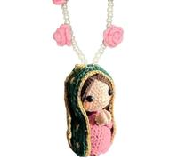 Handmade Crochet Virgin Mary Car Hanging Ornament, Cute Rearview Mirror Charm with Red Roses & Pearls, Cute Handmade Auto Decor, for Blessing Gift for Family, Friends (Color3)