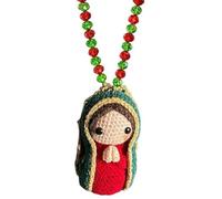 Handmade Crochet Virgin Mary Car Hanging Ornament, Cute Rearview Mirror Charm with Red Roses & Pearls, Cute Handmade Auto Decor, for Blessing Gift for Family, Friends (Color1)