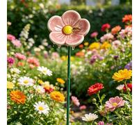 Handmade Flower Garden Stake Bee Bath, Ceramic Pollinator Water Bowl with Ground Stake Outdoor Bees Bath Artificial Flowers Bee Bowl for Summer Garden Decor, Outdoor Waterer for Yard Lawn