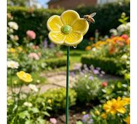 Handmade Flower Garden Stake Bee Bath, Ceramic Pollinator Water Bowl with Ground Stake Outdoor Bees Bath Artificial Flowers Bee Bowl for Summer Garden Decor, Outdoor Waterer for Yard Lawn