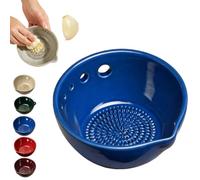 Handmade Garlic Grater X Herb Bowl, 2-In-1 Fresh Herb Stripper Bowl Ceramic with Built-In Grater and Herbs Stripper, Rasca Ajos Plate for Ginger, Garlic, Cheese Stem Remover (Blue)