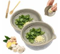 Handmade Garlic Grater X Herb Bowl,2-in-1 Stoneware Kitchen Grater Plate Tools,Pottery Herb Stripper Bowl with 5 Hole Sizes,Built-In Graters for Garlic Ginger, Effortles Minimal Mess (2PCS)