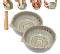 Handmade Garlic Grater x Herbs Bowl,Multi-functional 2-in-1 Stoneware Kitchen Prep Tool,Ceramic Garlic Plate with Built-In Grater and Herbs Stripper for Ginger,Cheese,Salads & Cooking (2 Pcs)