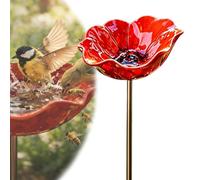 Handmade Metal Flower Garden Stake Bird Bath, 3-in-1 Bee Watering Station & Butterfly Feeder, Decorative Metal Flowers for Garden, Weather-Resistant Outdoor Yard Decor (Red)