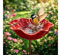 Handmade Metal Flower Garden Stake Bird Bath,Metal Bird Bath & Feeder Set,Outdoor Birdbath Baths Bee Watering Station,Garden Butterfly Feeders with Stakes,for Patio Yard Lawn Decor Gift(Red)