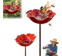 Handmade Metal Flower Garden Stake Bird Bath, Metal Flowers for Garden & Bee Bath Watering Station, Flower Bird Feeder & Bird Bath Bowl for Outdoor Yard Decor (2Pcs Red)