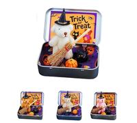 Handmade Mini Witch Bear in a Box-Includes Blanket,Broom,Cape with Pumpkins & Cats for Halloween Trick Or Treat Displays (White)