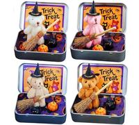 Handmade Mini Witch Bear in a Box-Includes Blanket,Broom,Cape with Pumpkins & Cats for Halloween Trick Or Treat Displays (4PCS)