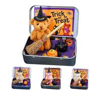 Handmade Mini Witch Bear in a Box-Includes Blanket,Broom,Cape with Pumpkins & Cats for Halloween Trick Or Treat Displays (Brown)
