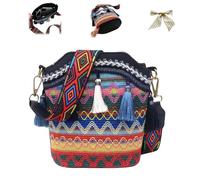 Handmade Native American Handbag,Boho Ethnic Woven Bucket Bag for Women,Vintage Geometric Pattern Crossbody Bags for Travel (Deep Blue)